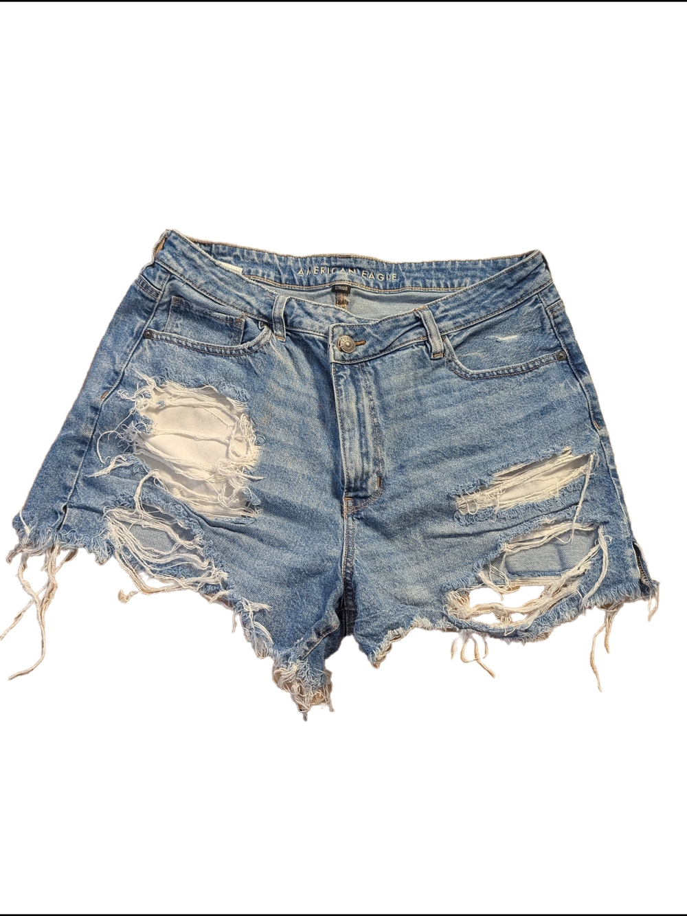 American Eagle Mom Short High Waisted Distressed Light Blue Denim Size 16